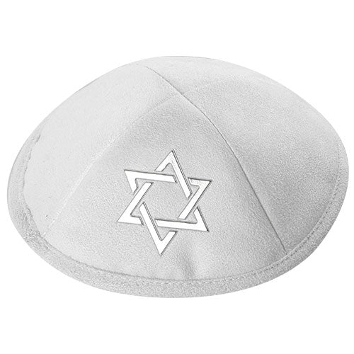 כיפה אולטרא סוויד לבן 19 ס״מ "מגן דויד" כסף ומק דמוי עור לבן