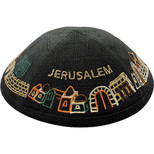 כיפה פשתן עם רקמה 19 ס״מ בד