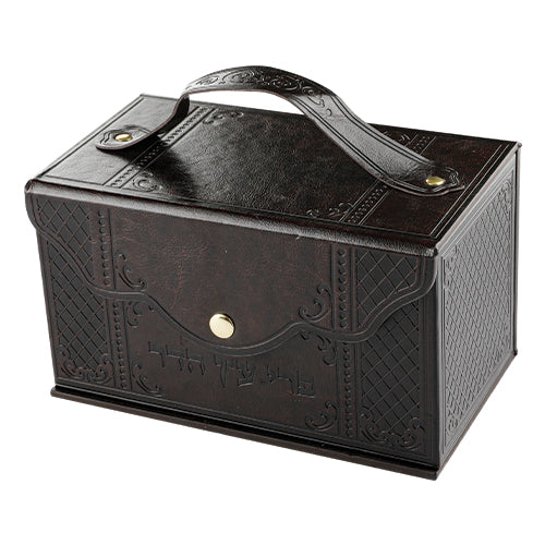 Faux Leather Etrog Box Metal Plaque, Handle & Lock 13×19×11 cm - Brown