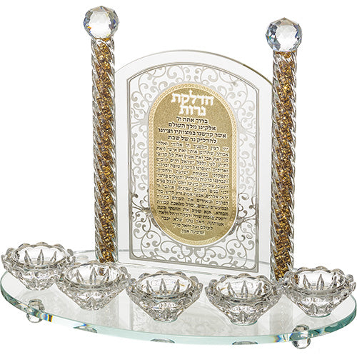 פמוטי קריסטל 5 קנים מהודרים עם פלקטה הדלקת נרות 25 ס״מ קריסטל טבעי