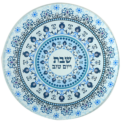 תחתית מודפסת לסיר מזכוכית בלתי שבירה "עיטורים" זכוכית כחול,לבן,תכלת