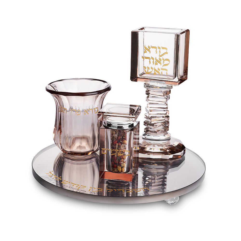 סט הבדלה מהודר מקריסטל רוז גולד עם מגש שחור עגול 20 ס״מ קריסטל רוז גולד