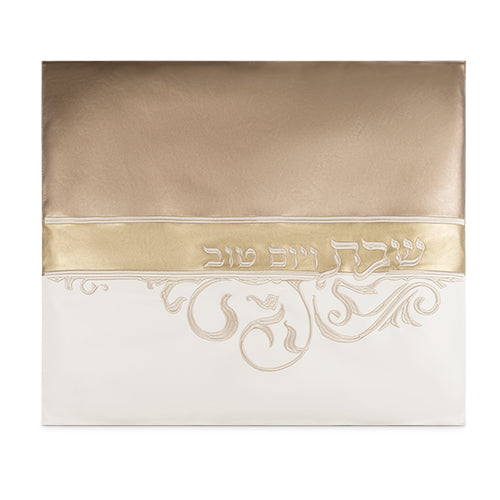 כיסוי פלטה מהודר דמוי עור לבן ברונזה וזהב עם רקמה 80×70 ס״מ דמוי עור