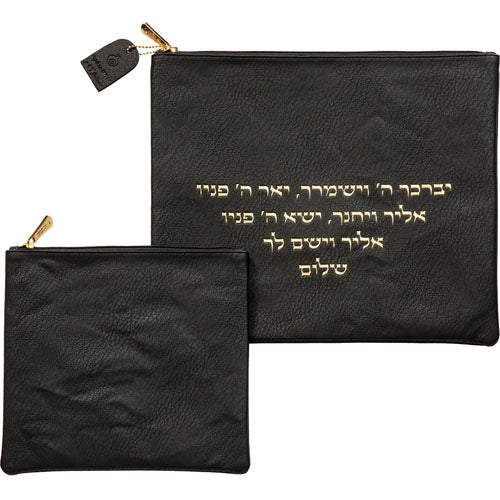 סט טלית תפילין פיו שחור יברכך אותיות בולטות זהב דמוי עור