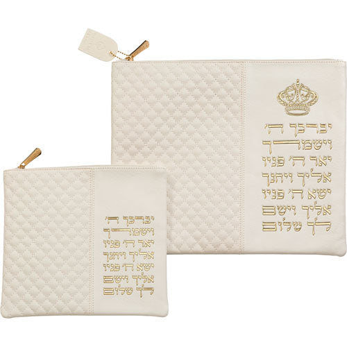 סט טלית תפילין דמוי עור לבן אותיות בולטות "ויברכך" דמוי עור לבן