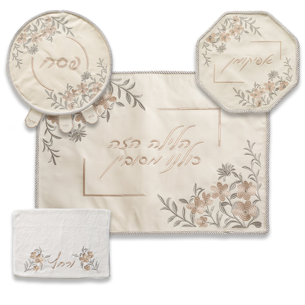 סט פסח 4 חלקים פיו לבן עם רקמה ואבנים דמוי עור