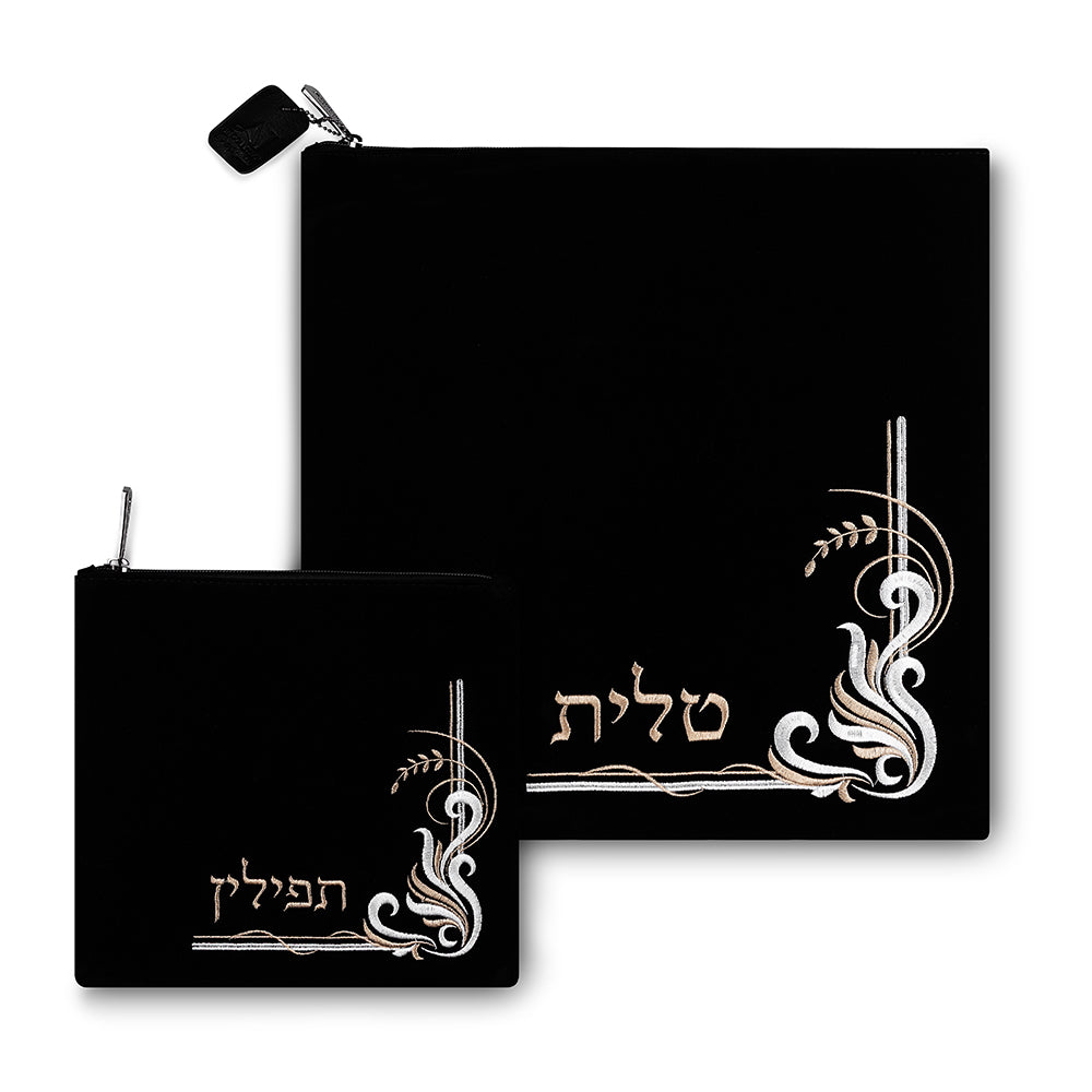 סט טלית תפילין קטיפה כחול כהה עם ריקמה 35.6×35.6 ס״מ קטיפה