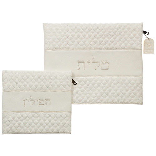 סט טלית תפילין דמוי עור עם ריקמה 36×29 ס״מ דמוי עור לבן