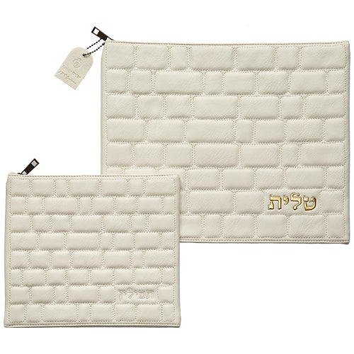 Faux Leather Tallit - Tefillin Set 36×29 cm with Embossed Logo - White – Model UK66348
