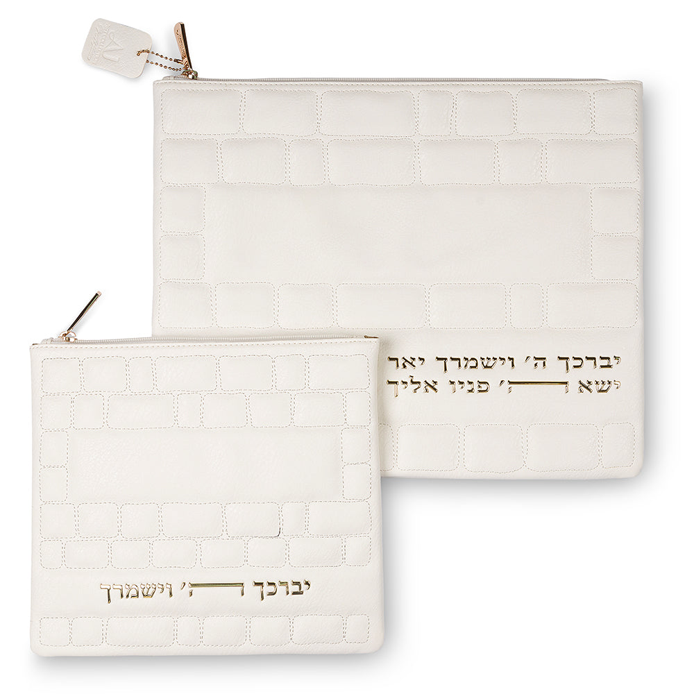 סט טלית תפילין פיו כותל לבן אותיות בולטות זהב דמוי עור לבן