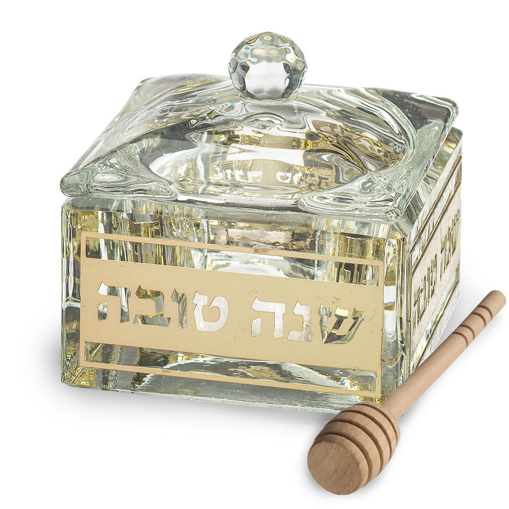 כלי מהודר לדבש מקריסטל עם פלקטה 7×7 ס״מ קריסטל טבעי