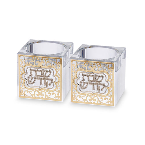 פמוטי קריסטל עם פלקטה "עיטור" 5 ס״מ קריסטל