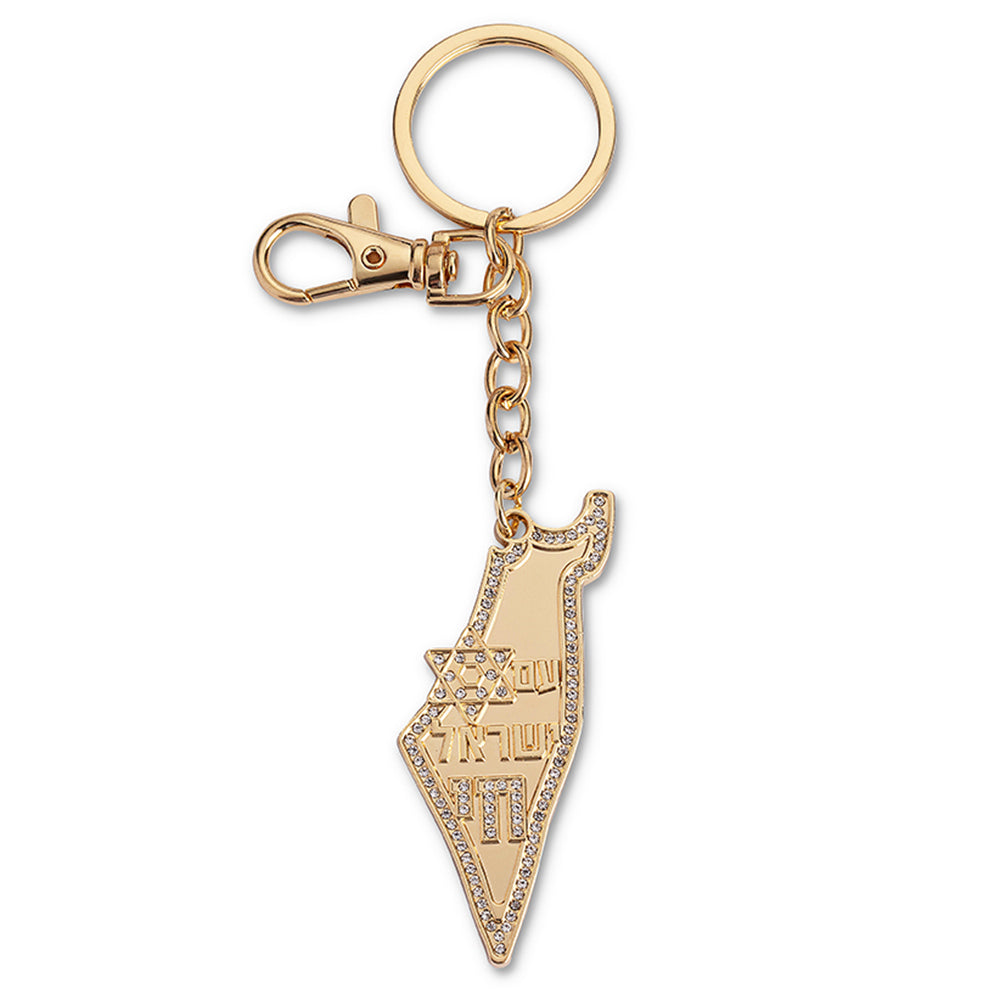 מחזיק מפתחות זהב בצורת מפת ישראל משובץ אבנים 6.5 ס״מ מתכת זהב