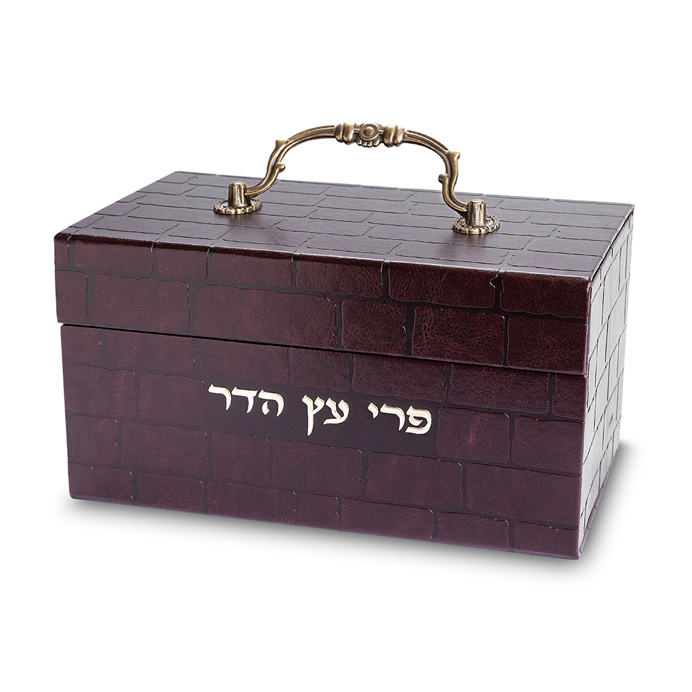 קופסא מהודרת לאתרוג דמוי עור עם ידית "כותל" 11×20×12 ס״מ דמוי עור חום