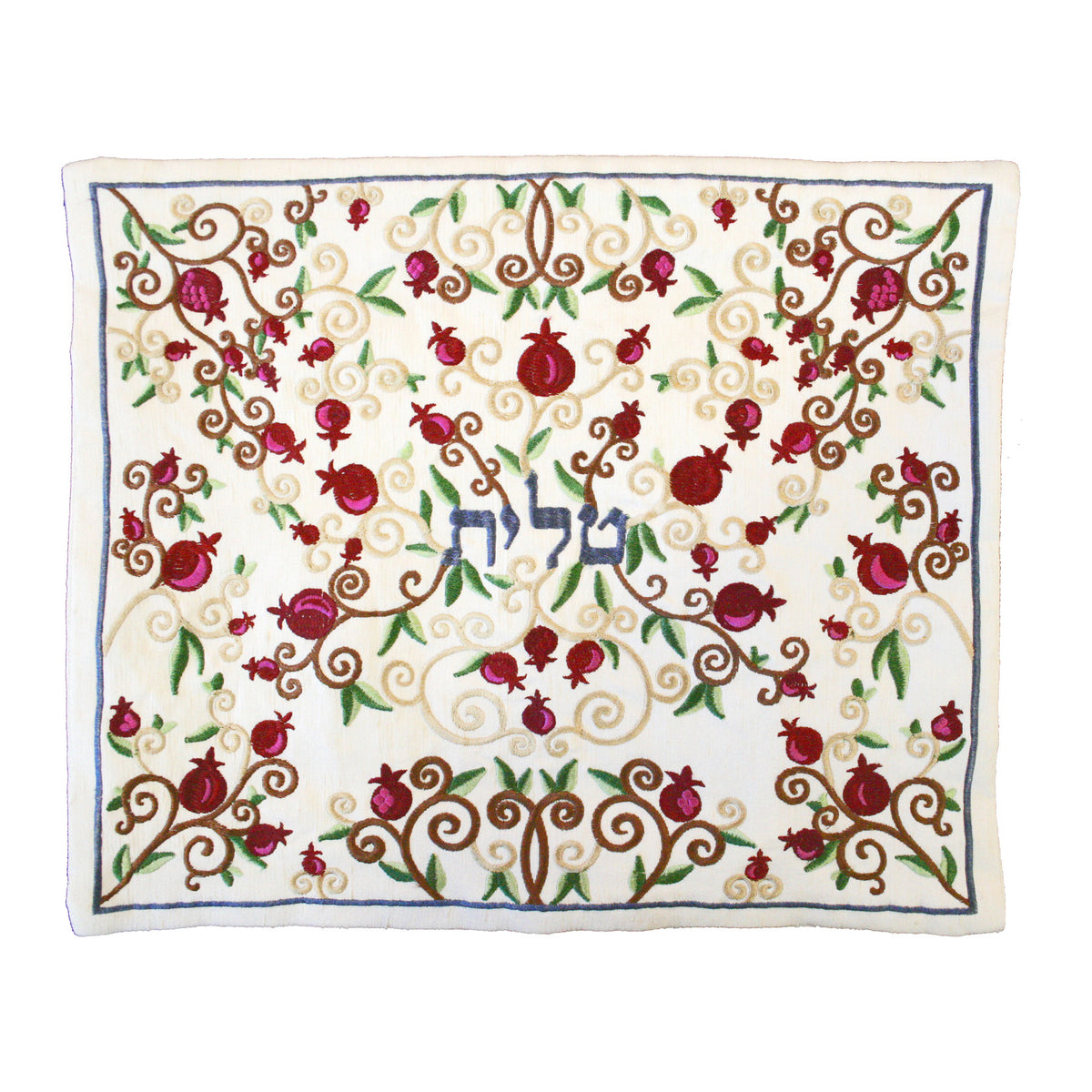 תיק טלית - רקמת מכונה - רימונים מלא לבן