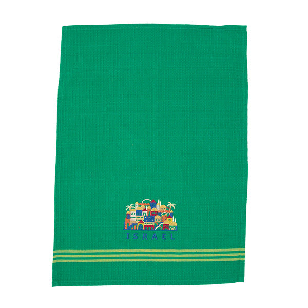 Dish Towel + Embroidery 45×60 cm Houses + ISRAEL - Green