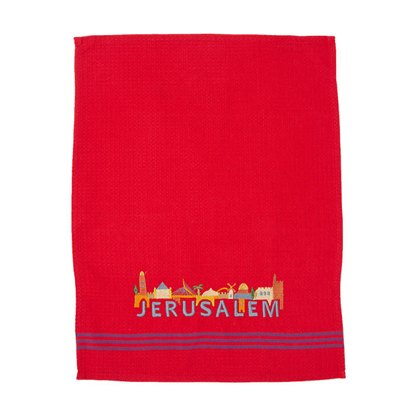 מגבת מטבח + רקמה 60×45 ס״מ בתים + JERUSALEM - אדום