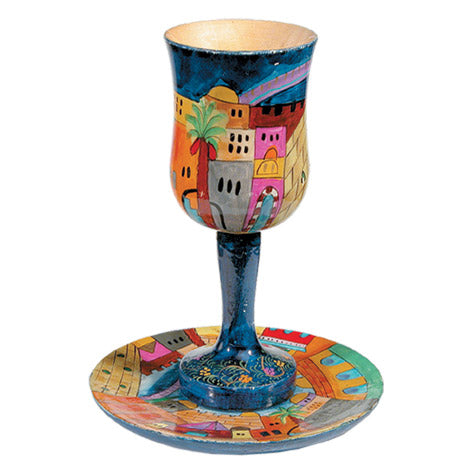 Large Kiddush Cup + Plate - Hand Painted - Jerusalem