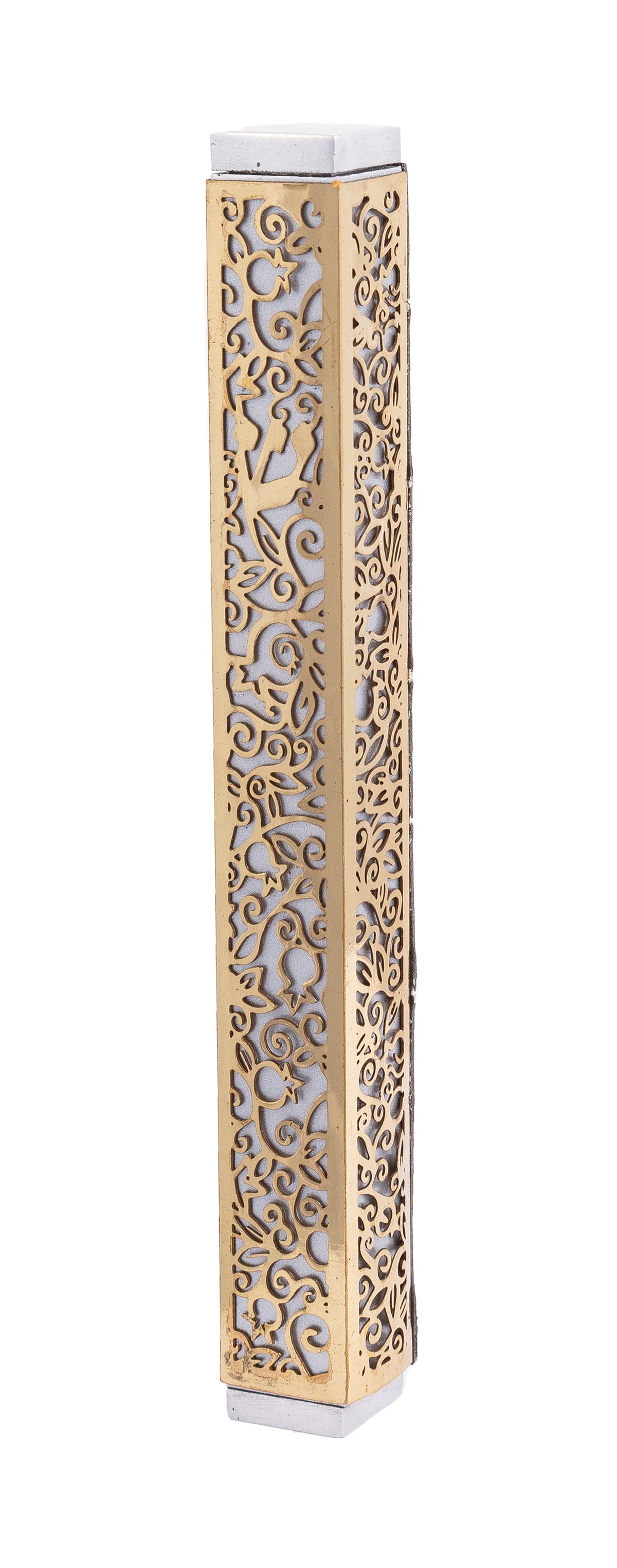 Mezuzah + Full Metal Cutout - Pomegranates - Brass