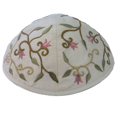 Kippah - Embroidered - Flowers - White