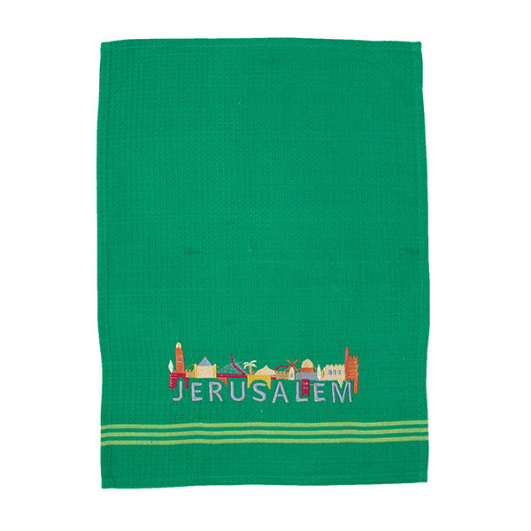 מגבת מטבח + רקמה 60×45 ס״מ בתים + JERUSALEM - ירוק