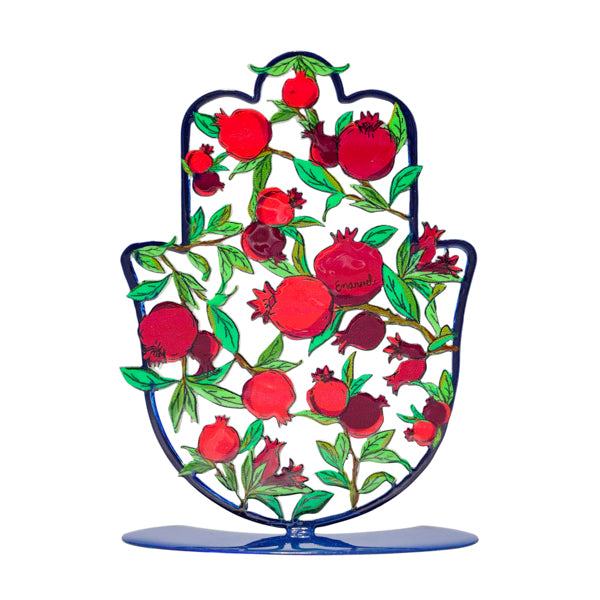 Small Metal Stand - Painted - Hamsa - Pomegranates - Red