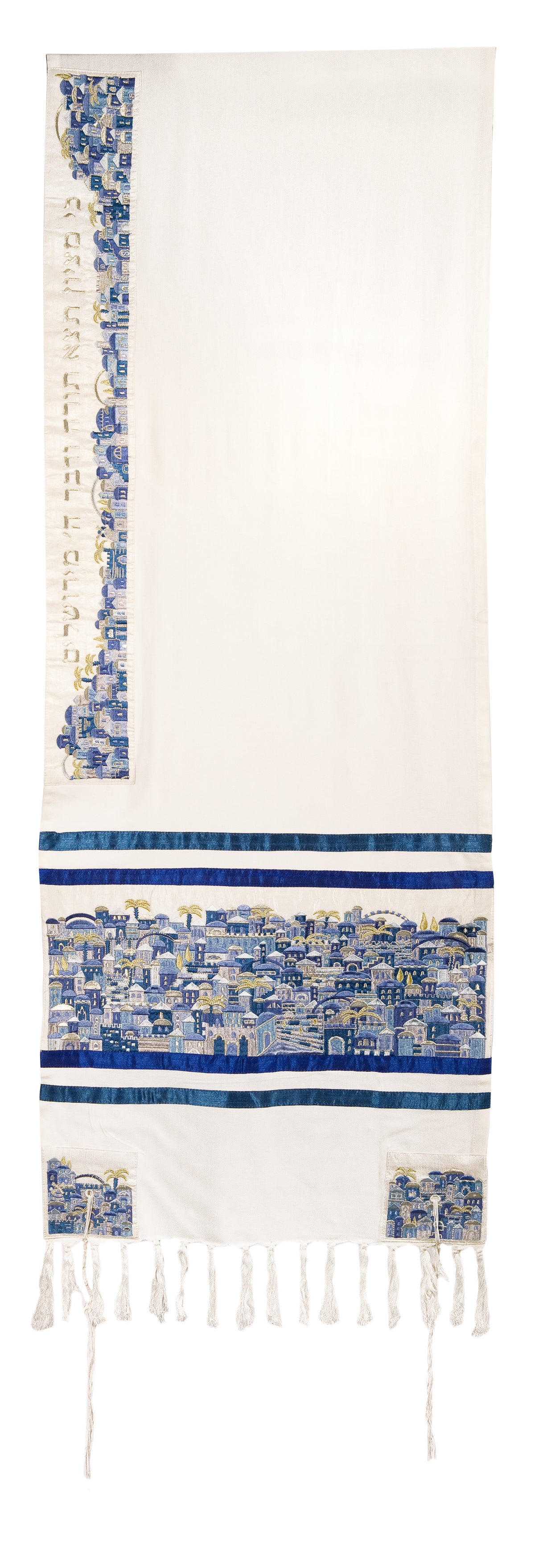 טלית רקמה צפופה - ירושלים - כחול