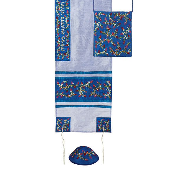 טלית - רקמת מכונה - רימונים - כחול בהיר