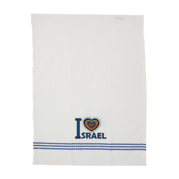 מגבת מטבח + רקמה 60×45 ס״מ לב + ISRAEL - לבן