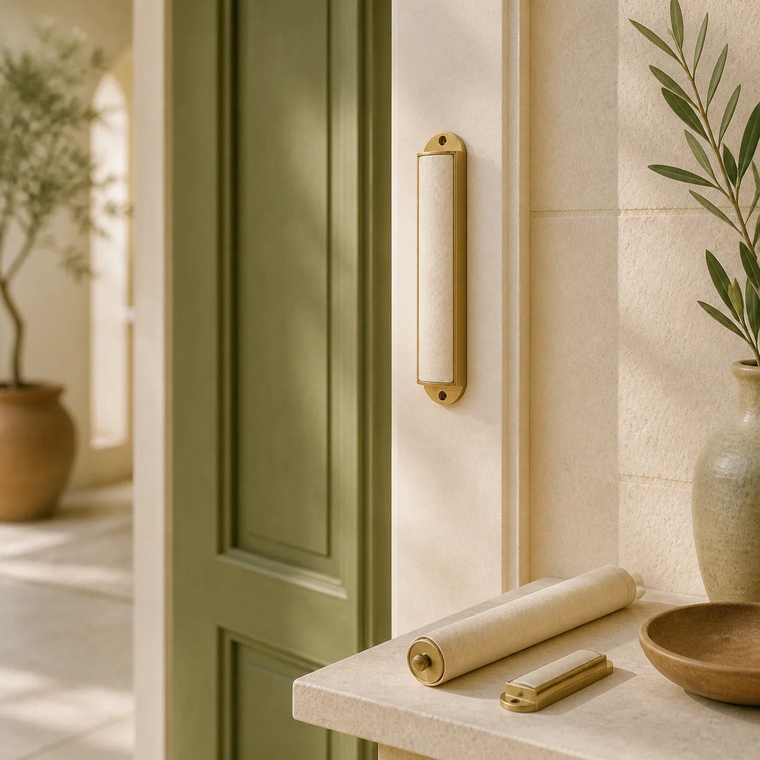 Gold mezuzah case beside a rolled parchment in a bright home entryway | בית מזוזה מוזהב לצד קלף מגולגל בסביבת כניסה בהירה