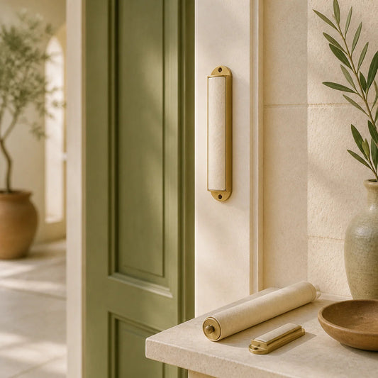 Gold mezuzah case beside a rolled parchment in a bright home entryway | בית מזוזה מוזהב לצד קלף מגולגל בסביבת כניסה בהירה