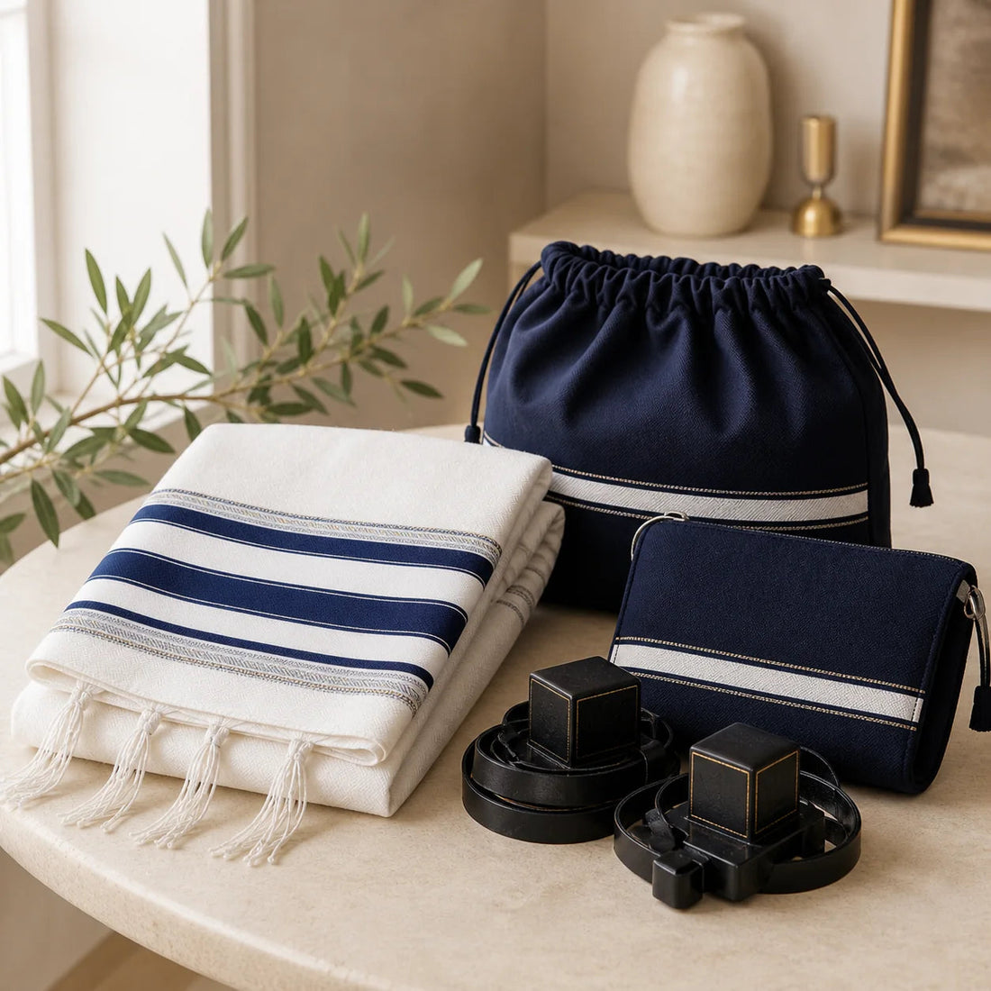 Tallit, tefillin and coordinated bags arranged as a Bar Mitzvah set | טלית, תפילין ונרתיקים תואמים לסט בר מצווה