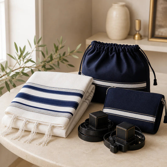Tallit, tefillin and coordinated bags arranged as a Bar Mitzvah set | טלית, תפילין ונרתיקים תואמים לסט בר מצווה