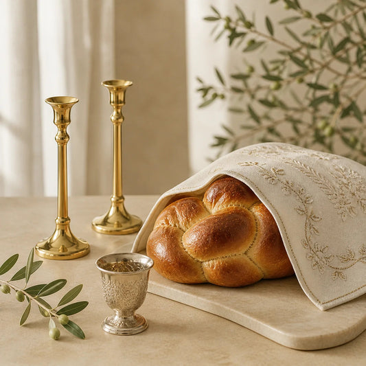 Candlesticks, kiddush cup and covered challah on an elegant Shabbat table | פמוטים, גביע קידוש וחלה מכוסה על שולחן שבת בהיר