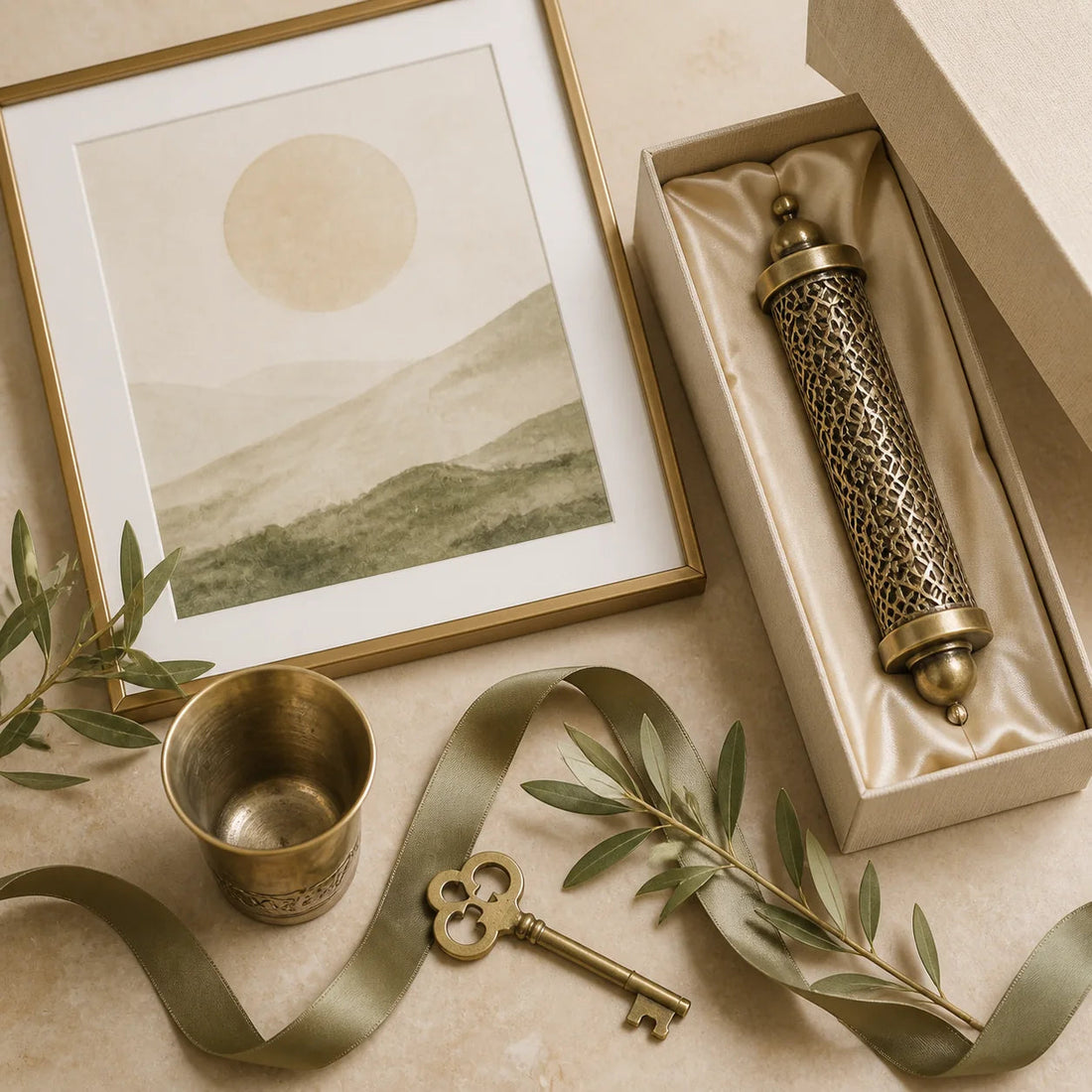 Boxed mezuzah case with a key and coordinated Jewish housewarming gifts | בית מזוזה בקופסת מתנה לצד מפתח ופריטי חנוכת בית