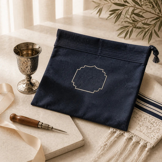 Dark tallit bag with an embroidery panel beside a kiddush cup and artisan tool | נרתיק טלית כהה עם מסגרת לרקמה לצד גביע קידוש וכלי עבודה עדין