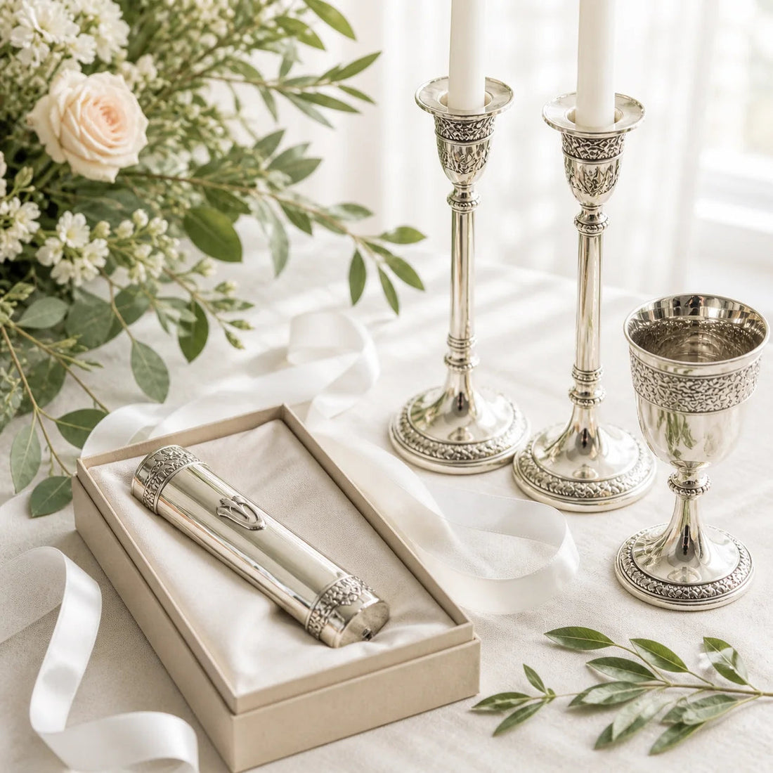 Candlesticks, kiddush cup and boxed mezuzah arranged as Jewish wedding gifts | פמוטים, גביע קידוש ובית מזוזה ארוזים כמתנת חתונה יהודית