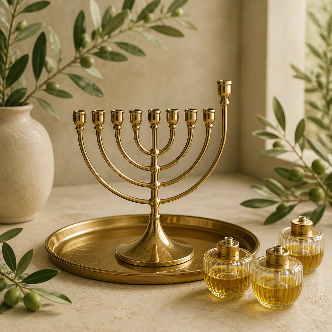 Stable brass Hanukkah menorah with eight aligned branches and a raised shamash on a tray | חנוכיית פליז יציבה עם שמונה קנים ושמש מוגבה על מגש מגן