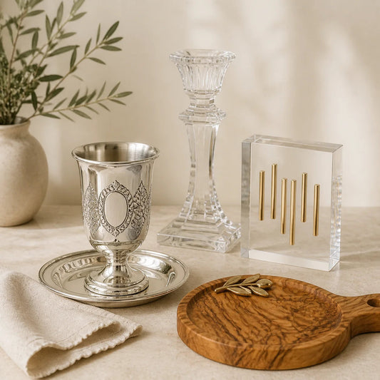 Silver cup, crystal candlestick, acrylic and wood with a soft Judaica care cloth | גביע כסף, פמוט קריסטל, אקריליק ועץ לצד מטלית רכה לטיפול ביודאיקה