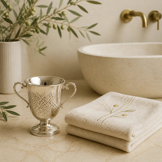 Two-handled washing cup and light guest towels beside a stone sink | נטלה בעלת שתי ידיות ומגבות בהירות ליד כיור אבן