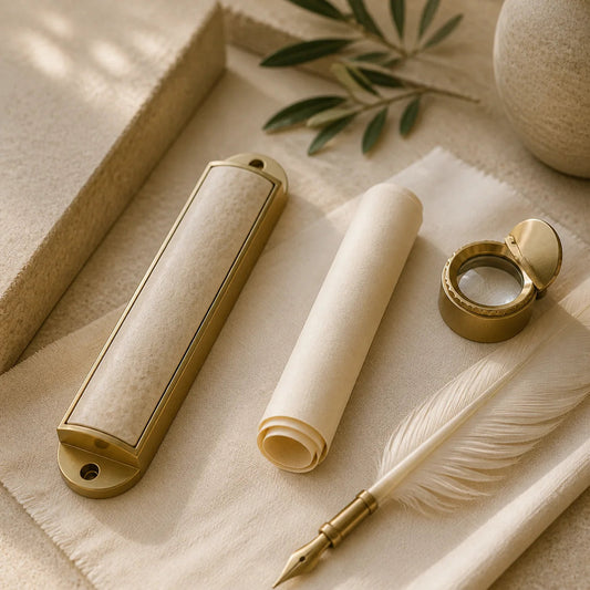 Mezuzah case, rolled parchment, quill and loupe for scroll inspection | בית מזוזה, קלף מגולגל, קולמוס וזכוכית מגדלת לבדיקת קלף
