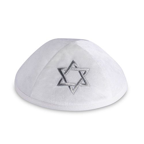 כיפה קטיפה "ארט-מן" עם ריקמה מגן דויד גודל 4 - לבן קטיפה לבן