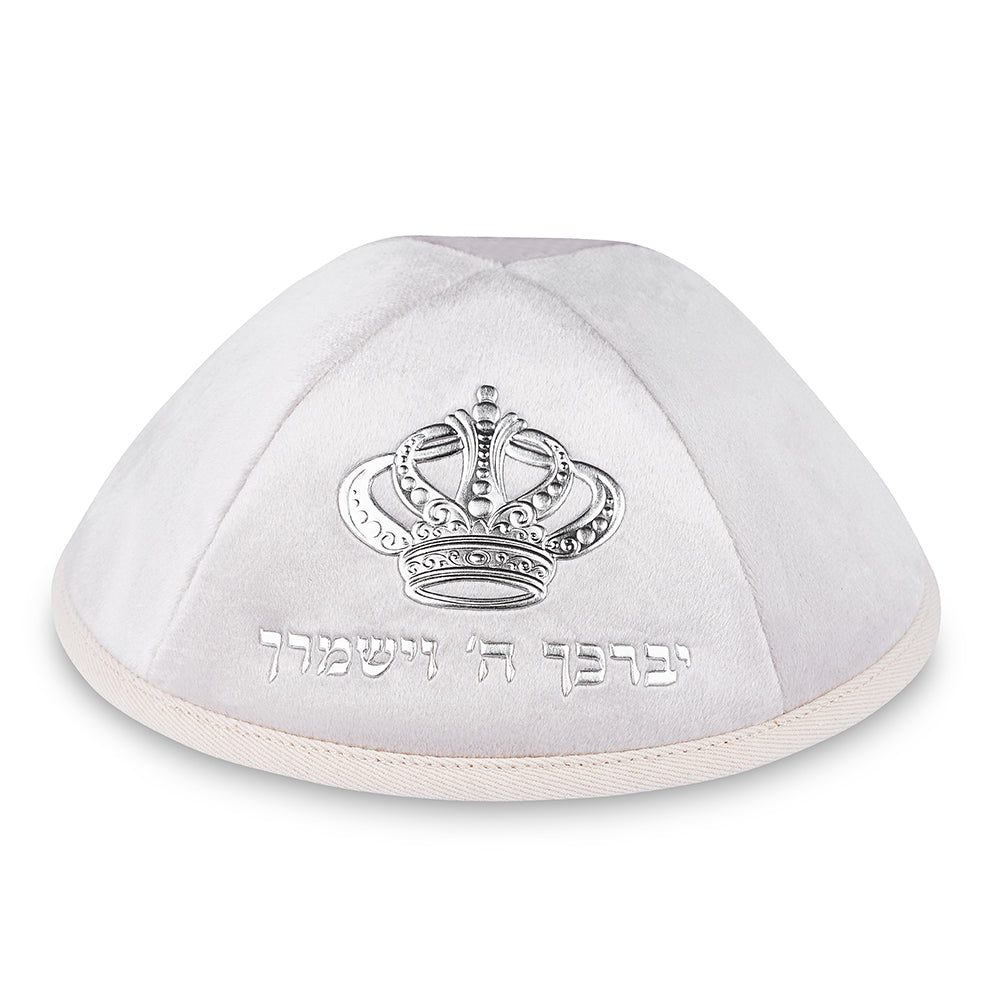 כיפה קטיפה "ארט-מן" עם אותיות בולטות זהב "יברכך" גודל 4 - פנינה קטיפה קרם