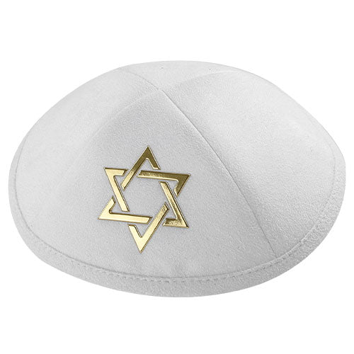 כיפה אולטרא סוויד לבן 19 ס״מ "מגן דויד" זהב ומקום דמוי עור לבן