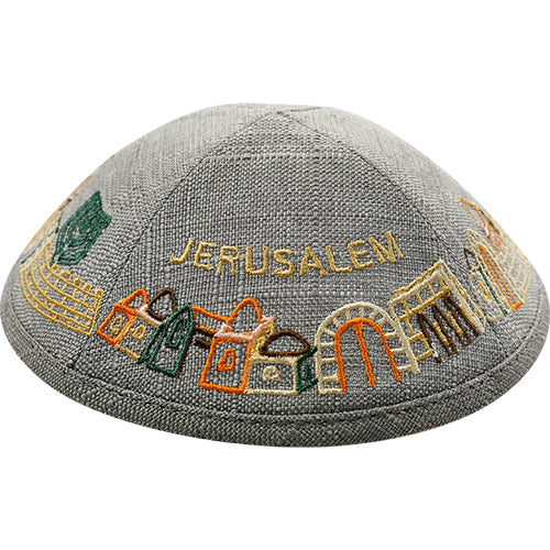 כיפה פשתן עם רקמה 19 ס״מ בד