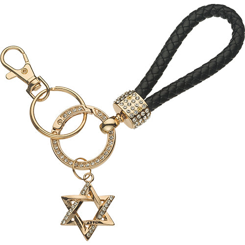 מחזיק מפתחות זהב עם לולאה מגן דוד ושיבוץ אבנים מתכת גימור זהב