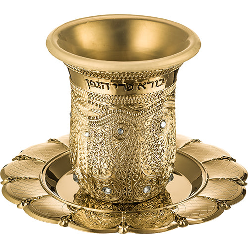 גביע קידוש זהב פיליגרן מלא משובץ 8.5 ס״מ תכולה 120 מ״ל מתכת זהב