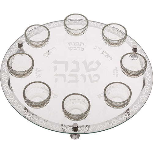 צלחת עגולה מהודרת לראש השנה מזכוכית וקריסטל 40 ס״מ זכוכית,קריסטל