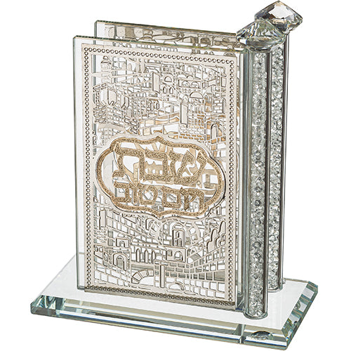 מעמד לגפרורים קריסטל עם פלקטות "ירושלים" 12×12 ס״מ קריסטל