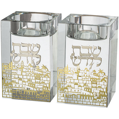 זוג פמוטי קריסטל עם פלקטה "נוף ירושלים" 8 ס״מ קריסטל